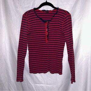 Tommy Hilfiger Top Henley Button front Lettuce hem Y2K long Sleeve Stripes